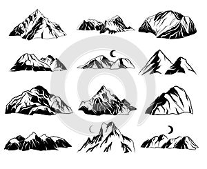 Set of vector hand drawn mountain illustrations, line drawing