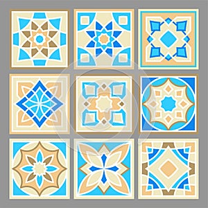 Set of vector hand drawn pattern of square ceramic tile. Ornate patchwork pattern design. Floor and wall tiles in