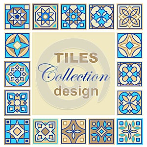 Set of vector hand drawn pattern of square ceramic tile. Ornate patchwork pattern design. Typical Mediterranean floor