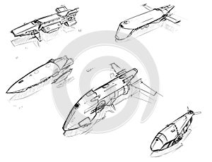 Set of Vector Hand Drawn Pencil Sketches of Sci-fi Space Ships