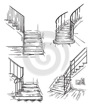 Set of vector hand drawn staircases, interior design element