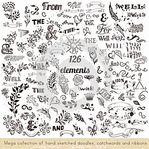 Set of vector hand sketched doodles, catchwords and ribbons