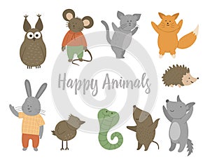 Set of vector happy animals. Cute funny characters
