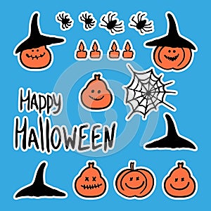 Set of vector Happy Halloween holiday stickers for decor. Pumpkin lantern, hats, spiders and spider webs are stylized.