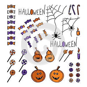 Set of vector Happy Halloween holiday stickers for decoration and making postcards. Pumpkin lantern, candy, spiders and cobwebs.