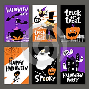 Set of vector Happy Halloween posters in cartoon flat retro style