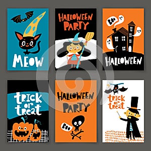 Set of vector Happy Halloween posters in cartoon flat style