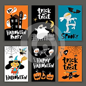 Set of vector Happy Halloween posters in cartoon retro style