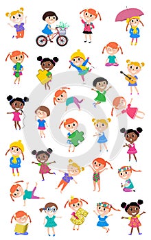 Set vector happy kids. Multicultural children in different positions isolated on white background. Cartoon design