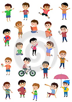 Set vector happy kids. Multicultural children in different positions isolated on white background. Cartoon design