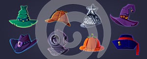 Set of vector hats in cartoon style. Character headdress, 2D game design, RPG, fantasy. Colorful set of hats icons. Hand drawn