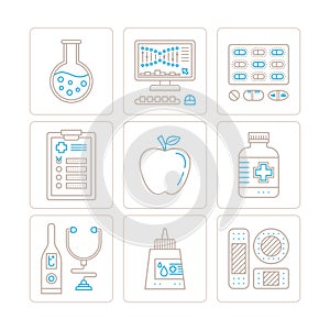 Set of vector healthcare or medicine icons and concepts in mono thin line style