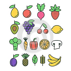 Set of vector healthy eco fruit and vegetables icons