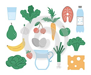 Set of vector healthy food and drink icons. Vegetable, milk products, fruit, berry, fish illustration isolated on white background