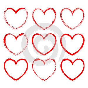 Set of vector heart-shaped frames drawn in red ink on a white background