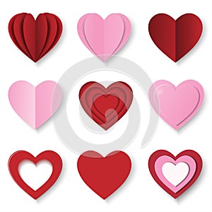 Set vector hearts paper cut for valentine`s day. Object creative hearts for collection on white background.