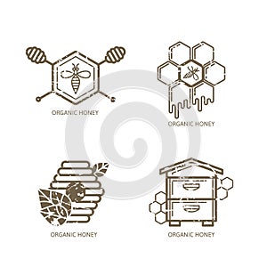Set of vector honey label, logo, tag, sticker design elements. Bee, hive, honeycombs