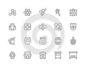 Set of vector honey line icons. Bee, honeycomb, barrel, beekeeper, dipper, jar, flower, beehive, pot, hexagon, beeswax