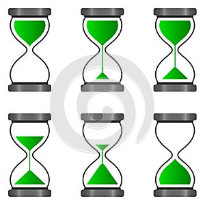 Set of vector hourglasses in tile flute, different kinds of green color for web design and internet