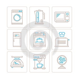 Set of vector household appliances icons and concepts in mono thin line style