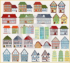 Set of vector houses and buildings in European style on a light background.