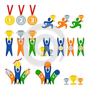 Set of vector human sport logo, labels, badges, emblems. People and sports competitions icons. Winner with awards.