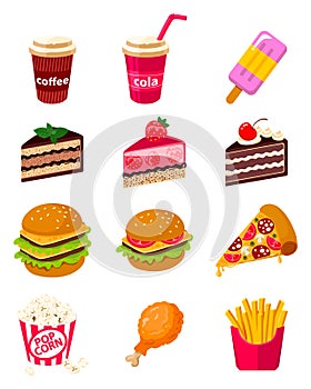 Set of vector icon illustration of fast food with pop corn, ice cream, burger, cola, sandwiches, hamburger, coffee, pizza, French