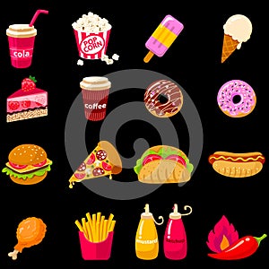 Set of vector icon illustration of fast food with pop corn, ice cream,hot, spice, burger, hot dog