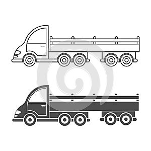 Set of vector icon tractor with trailer. Simple design, filled and empty silhouette isolated on a white background for coloring