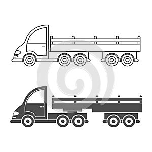 Set of vector icon tractor with trailer. Simple design, filled and empty silhouette isolated on a white background for coloring