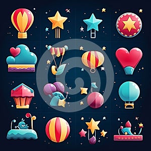 Set of vector icons with balloons, stars, hearts and other elements