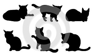 Set of vector icons black cats. Silhouettes of pets in different poses. The predator sits, walks, lies, washes, plays. Isolated on