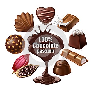 Set of vector icons of chocolate desserts and candies, liquid chocolate and cocoa beans