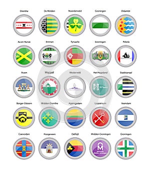 Set of vector icons. Cities of Netherlands flags Drenthe and Groningen provinces.