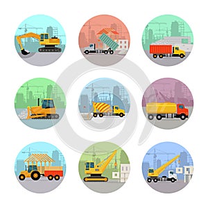 Set of Vector Icons with Construction Machines