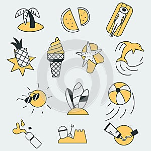 Set of vector icons of a different summer, food and fun related objects. Each icon also can be used as a logo