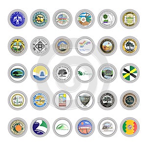 Set of vector icons. Flags and seals of cities, California state, USA.