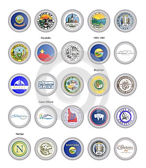 Set of vector icons. Flags and seals of Idaho, Montana and Wyoming states, USA.