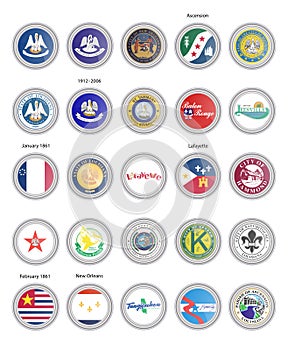 Set of vector icons. Flags and seals of Louisiana state, USA.