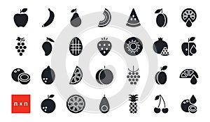 Set of vector icons. Fruits and berries. Black isolated silhouette. Fill solid icon. Modern minimalistic design.
