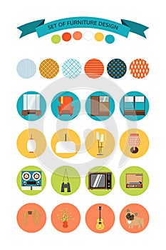 Set of vector icons of furniture and accessories in the style of 70's. Set of icons of the seventies.