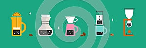 Set of vector icons with illustration of different coffee brewing methods