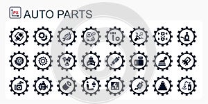 A set of vector icons and logos with car parts, batteries, transmissions, electrical equipment, engines and other special