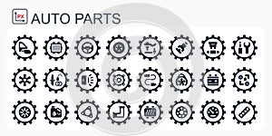 A set of vector icons and logos with car parts, batteries, transmissions, electrical equipment, engines and other special