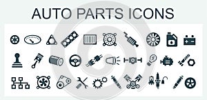 A set of vector icons and logos with car parts, batteries, transmissions, electrical equipment, engines and other special equipmen