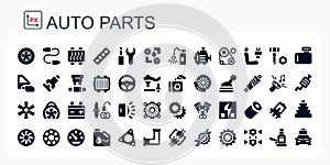A set of vector icons and logos with car parts, batteries, transmissions, electrical equipment, engines and other special equipmen