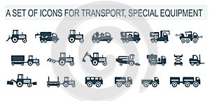 A set of vector icons, logos of trains, vehicles and special equipment.