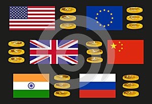 Set of vector icons of major world currencies with country flags in gold tones