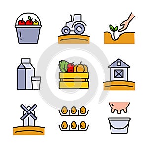 Set of vector icons related to agriculture. Contains such barn, agricultural machinery, livestock farming, gardening and much more