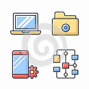 A set of vector icons representing digital devices, folders and flowchart